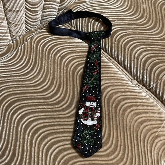 Vintage 1990s Children’s Beaded Snowman Tie Formal Christmas Tie - Picture 1 of 5